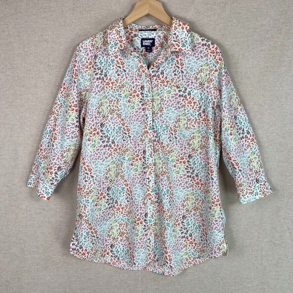 Land’s End 100% Cotton Floral Button Up Shirt Spring Blouse Colorful - Picture 1 of 6